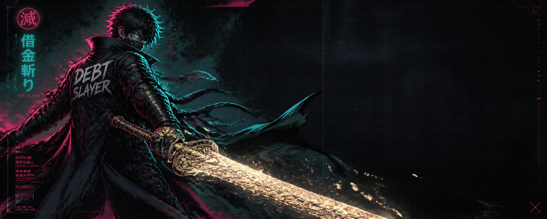 Anime Debt Slayer holding a glowing sword of coins